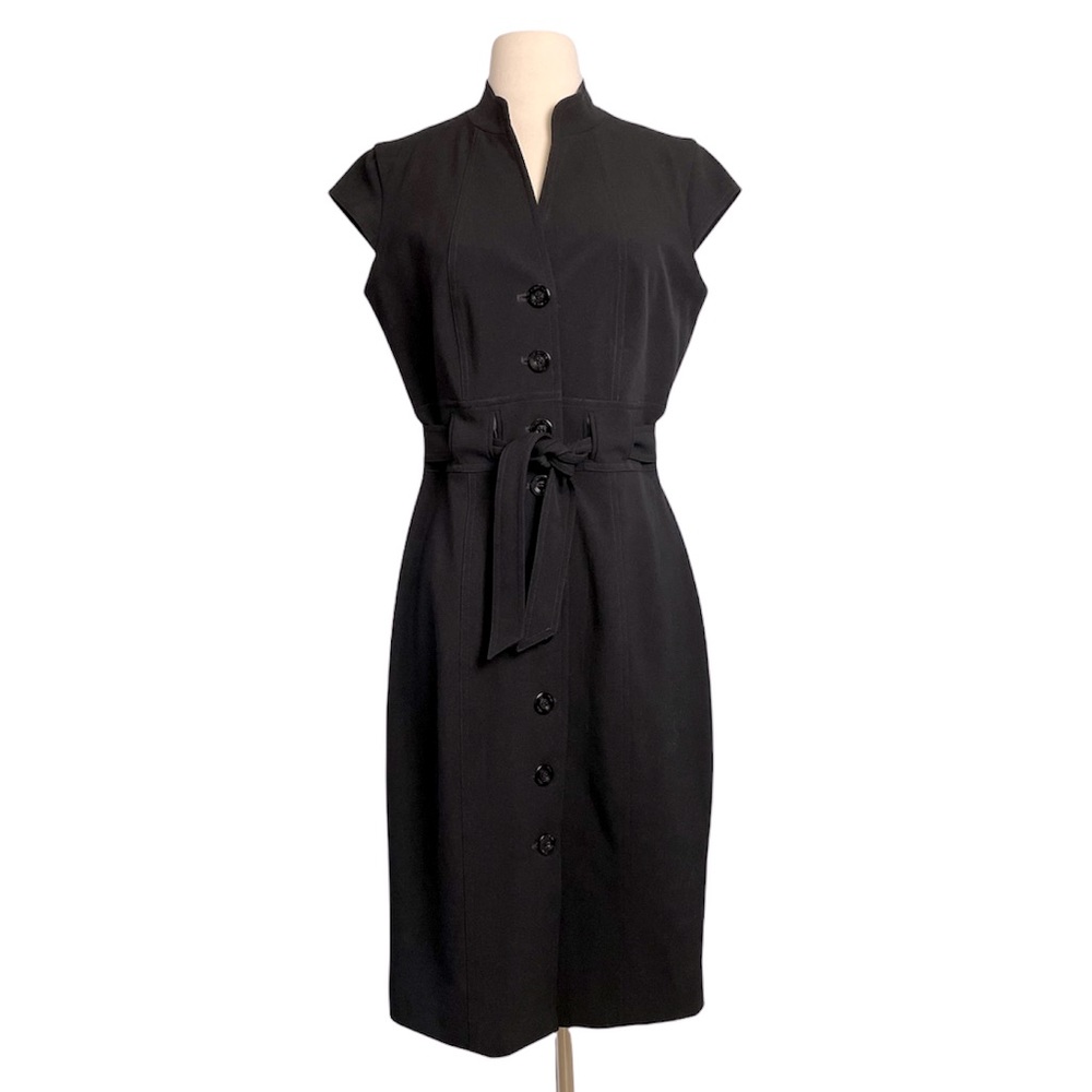 Calvin Klein Black Belted V-Neck Dress Size 6 Button Down